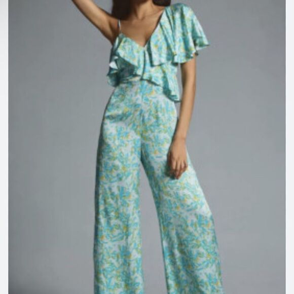 NWT Anthropologie Corey Lynn Calter Silky Ruffle Wide-Leg Jumpsuit-E2 - Picture 1 of 4